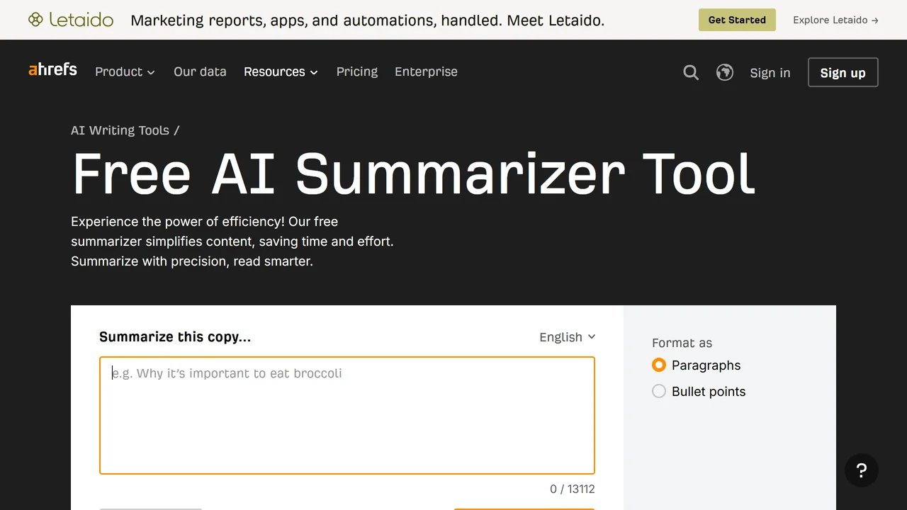 Ahrefs AI Summarizer Tool